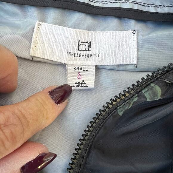 THREAD + SUPPLY women’s size small windbreaker jacket, with hood, black floral. - Picture 12 of 12